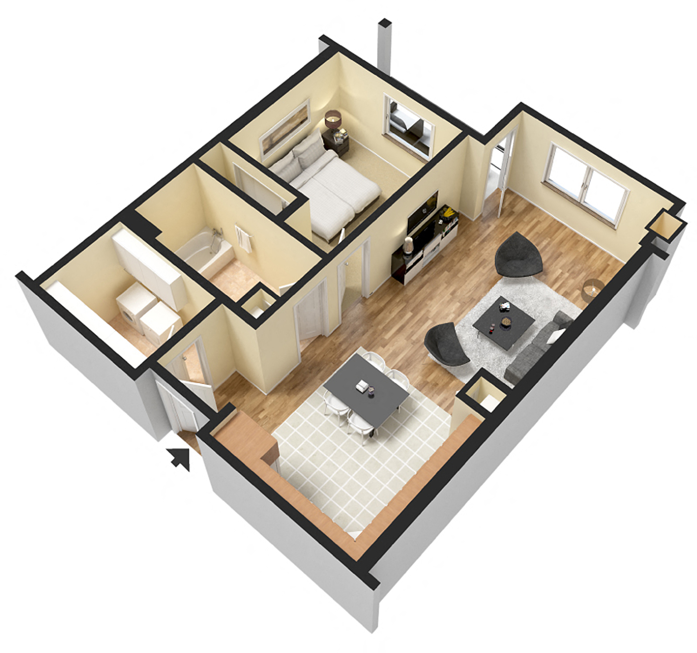 Floor plan for 1 bed, 1 bath, 748 sqft